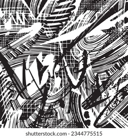 Abstract grungy random brush strokes vector background isolated on square white template. Artsy monochrome black and white modern wallpaper backdrop drawing for poster or brochure cover.