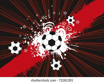 abstract grungy rays background with footballs, vector illustration