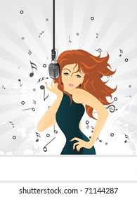 abstract grungy rays, musical notes background with sexy singer