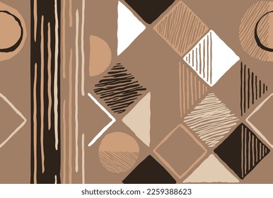 Abstract grungy seamless pattern with rhombic and semicircle shapes for textile - modern vector repeatable background in neutral colors