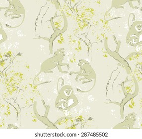 Abstract grungy seamless pattern. Trees and monkeys. Exotic forest motif background