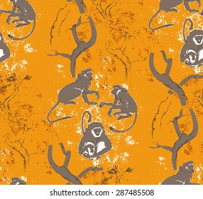 Abstract grungy seamless pattern. Trees and monkeys. Exotic forest motif background