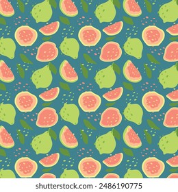 Abstract guava pattern in flat style. Fresh, delicious fruit seamless pattern. Vector background. Summer freshness for health. For background, juice, ice cream or packaging.