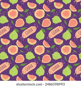 Abstract guava pattern in flat style. Fresh, delicious fruit seamless pattern. Vector background. Summer freshness for health. For background, juice, ice cream or packaging.