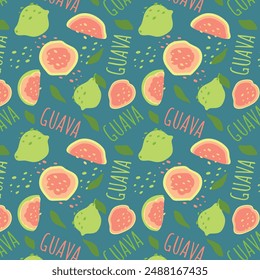 Abstract guava pattern in flat style. Fresh, delicious fruit seamless pattern. Vector background. Summer freshness for health. For background, juice, ice cream or packaging.