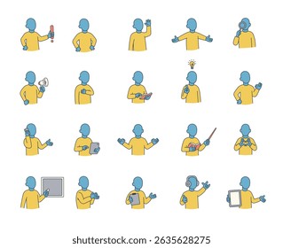 Conjunto de caracteres guia abstrato com mãos, livros, sinais, placas, dispositivos, emoções, comunicação, apresentação, ensino, leitura, mensagem, símbolos, aprovação, música e poses humanas expressivas