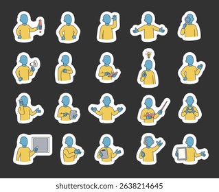 Abstract guide character set with hands, books, signs, boards, devices, emotions, communication, presentation, teaching, reading, message, symbols, approval, music, and expressive human poses