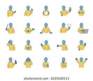 Abstract guide character set with human features demonstrate communication, direction, teaching, thinking, celebration, and various emotional reactions for yours illustration
