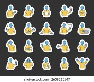 Abstract guide character set with human features demonstrate communication, direction, teaching, thinking, celebration, and various emotional reactions for yours illustration