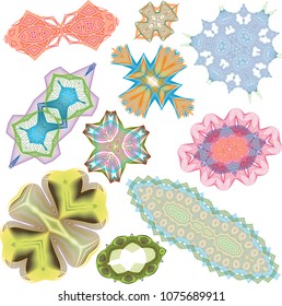 Abstract guilloche art forms inspired by microscopic diatoms with colorful duo layers.