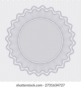 Abstrakter Guilloche-Kreisrahmen aus feinen gebogenen Linienmustern mit symmetrischen geometrischen Wellen. Elegantes Ornament im Spirographenstil mit einem dekorativen runden Rand und einer subtilen, gewellten Hintergrundtextur. Geeignet für Sicherheitsdruck, Zertifikate, Diplome, Banknotendesign, Siegel, Etiketten, Luxusmarken, Einladungen und abstraktes Hintergrunddesign.