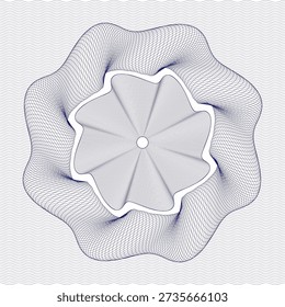 Abstract guilloche rosette created from flowing curved line engravings forming an organic circular wave shape. The design features precise line symmetry and layered wave patterns inspired by security printing, banknote engraving, and modern geometric ornamentation. Suitable for certificates, official documents, currency-style backgrounds, Ramadhan and Eid designs, luxury branding, packaging, seals, abstract covers, and premium decorative applications.