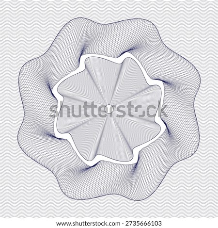 Abstract guilloche rosette created from flowing curved line engravings forming an organic circular wave shape. The design features precise line symmetry and layered wave patterns inspired by security printing, banknote engraving, and modern geometric ornamentation. Suitable for certificates, official documents, currency-style backgrounds, Ramadhan and Eid designs, luxury branding, packaging, seals, abstract covers, and premium decorative applications.