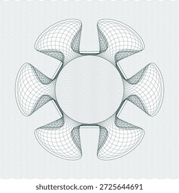 Abstract guilloche rosette featuring a symmetrical circular design with curved grid shapes and fine wave line texture on a dark background. This modern security-style illustration is inspired by banknote and certificate engraving patterns, ideal for currency design, official documents, vouchers, digital backgrounds, branding, and premium graphic layouts requiring an elegant and anti-counterfeit look.