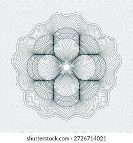Abstractas ilustración de roseta guilloche con un diseño floral simétrico hecho de finos grabados de línea curva sobre un fondo ondulado sutil. Este patrón clásico de estilo de seguridad está inspirado en las ilustraciones de billetes y certificados, ideal para documentos oficiales, certificados, vales, invitaciones, marcas, empaques y fondos decorativos premium que requieren una apariencia elegante y antifalsificación.