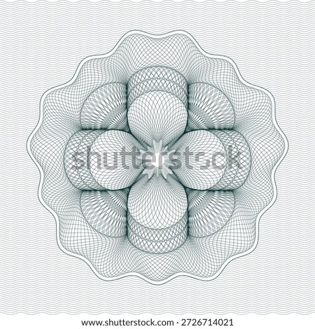 Abstract guilloche rosette illustration featuring a floral symmetrical design made of fine curved line engravings on a subtle wavy background. This classic security-style pattern is inspired by banknote and certificate artwork, ideal for official documents, certificates, vouchers, invitations, branding, packaging, and premium decorative backgrounds that require an elegant and anti-counterfeit appearance.