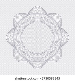 Abstract guilloche style circular frame created with intricate overlapping curved lines, forming a symmetrical geometric ornament. The design features a clean white central area surrounded by detailed line patterns, placed on a dark blue wavy background. Suitable for security design, certificate frames, currency-style graphics, decorative backgrounds, branding, packaging, and modern abstract design projects. Ideal for both print and digital use.