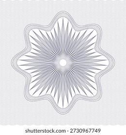 Abstrakter, sternförmiger, guillochierter Rahmen mit feinen, überlappenden, gekrümmten Linien und radialer Symmetrie. Das Design verfügt über eine saubere weiße Zierform mit detailliertem Liniengravureffekt, die auf einem hellen wellenförmigen Linienhintergrund platziert ist. Geeignet für Sicherheitsdesign, Zertifikatrahmen, Grafiken im Banknotenstil, offizielle Dokumente, dekorative Hintergründe, Branding-Elemente, Verpackungen und moderne abstrakte Design-Projekte für Print und digitale Nutzung.