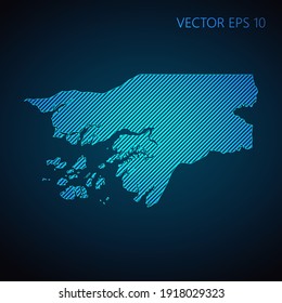 Resumen de la plantilla de mapa de Guinea Bissau hecha de líneas diagonales azules en fondo oscuro. Ilustración del vector EPS10.