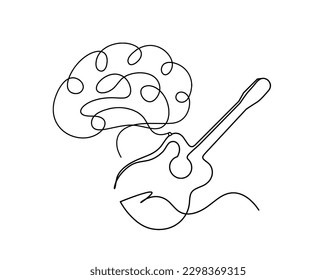 Abstract guitar with brain as continuous lines drawing on white background. Vector