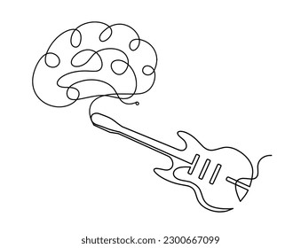 Abstract guitar with brain as continuous lines drawing on white background. Vector