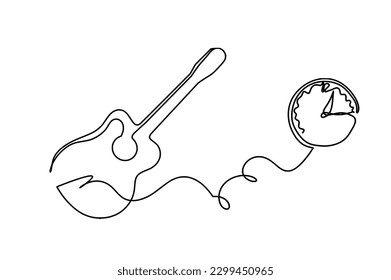 Abstract guitar with clock as continuous lines drawing on white background. Vector