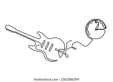 Abstract guitar with clock as continuous lines drawing on white background. Vector