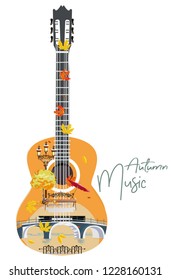 Abstract guitar decorated with autumn leaves and notes. Musical poster.