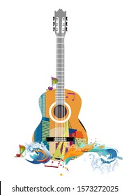 Abstract guitar decorated with city houses and colorful splashes. Hand drawn vector illustration.