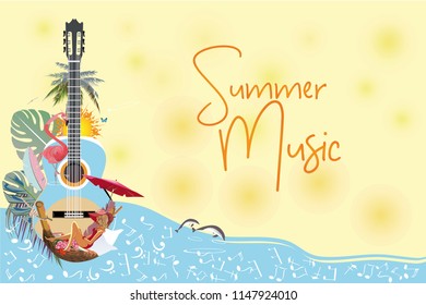 Abstract guitar decorated with summer and spring flowers, palm leaves, notes, flamingo. Beautiful girl in a red hat.