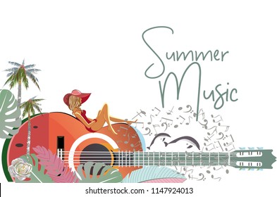 Abstract guitar decorated with summer and spring flowers, palm leaves, notes, flamingo. Beautiful girl in a red hat.