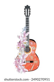 Abstract guitar decorated with summer and spring flowers, palm leaves, notes. Hand drawn musical vector illustration.