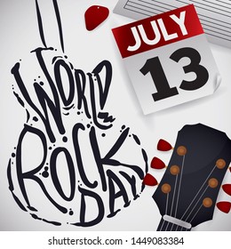 Abstract guitar with greeting sign and realistic guitar headstock and loose-leaf calendar with reminder date for World Rock Day celebration in July 13.