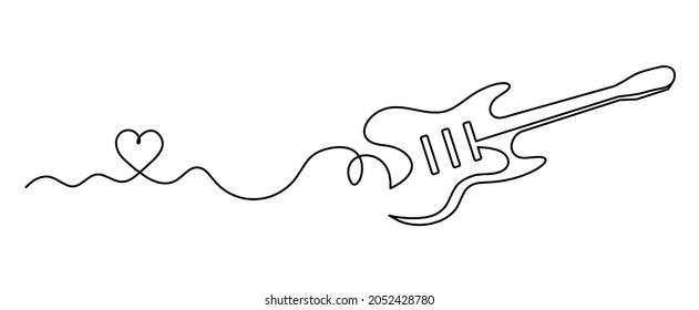 Abstract guitar and heart as continuous lines drawing on white background. Vector