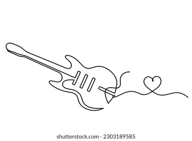 Abstract guitar with heart as continuous lines drawing on white background. Vector