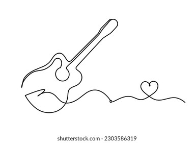 Abstract guitar with heart as continuous lines drawing on white background. Vector