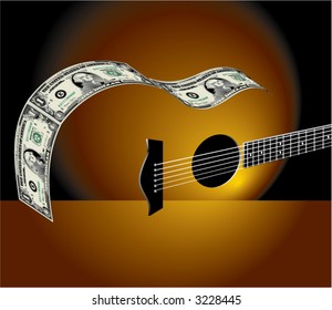An abstract guitar landscape with dollar bills for sides