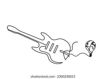 Abstract guitar with light bulb as continuous lines drawing on white background. Vector