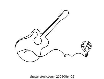 Abstract guitar with light bulb as continuous lines drawing on white background. Vector