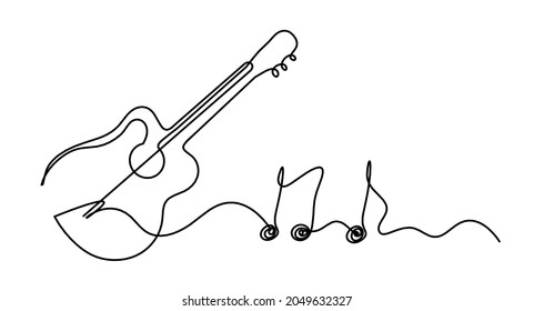 Guitarra abstracta y nota como líneas continuas dibujando sobre fondo blanco. Vector