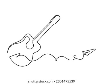 Abstract guitar with paper plane as continuous lines drawing on white background. Vector