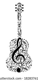 Abstract guitar silhouettecomposed of musical signs, notes.