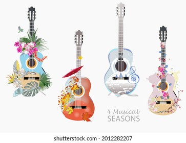 Abstract guitars decorated with summer, autumn, winter and spring decorations: flowers, leaves, notes, birds. Hand drawn musical vector illustration.