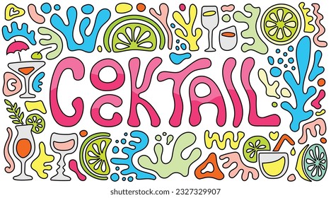 Abstract Gummy Shaped Doodle Typography of Cocktail Drink in Fresh Colors for Menu Purposes