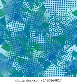 Abstractas patrón sin fisuras de gunge con Formas geométricas y objetos de semitonos. Ilustraciones vectoriales. Color azul. Impresión de tela