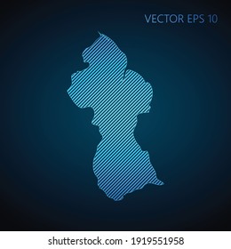 Abstract Guyana map template made from blue diagonal lines on dark background. Vector illustration EPS10.