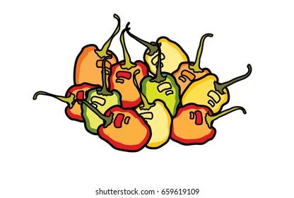 Abstract Habanero chillies on white background