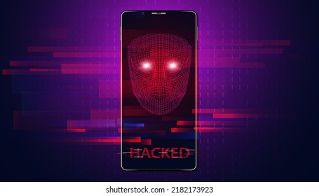 Abstract hacked concept phone interface screen red system ai warning that the system has been hacked into the system computer