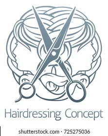 An abstract hair salon stylist hairdresser concept with womens faces and scissors