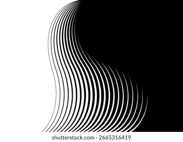 Abstract hair. Smooth vector transition from black to white. Abstract wave of thin lines. Divided two-color background. Design element for covers, packaging, video. Vector background. Beauty